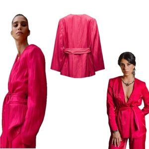 ZARA Women's Blazer Wrinkle Effect Belted Fuchsia Hot Pink